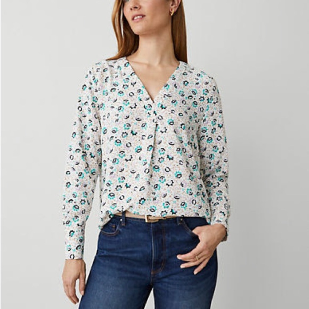 Ann Taylor NWT: Floral Print Women's Top - White and Blue